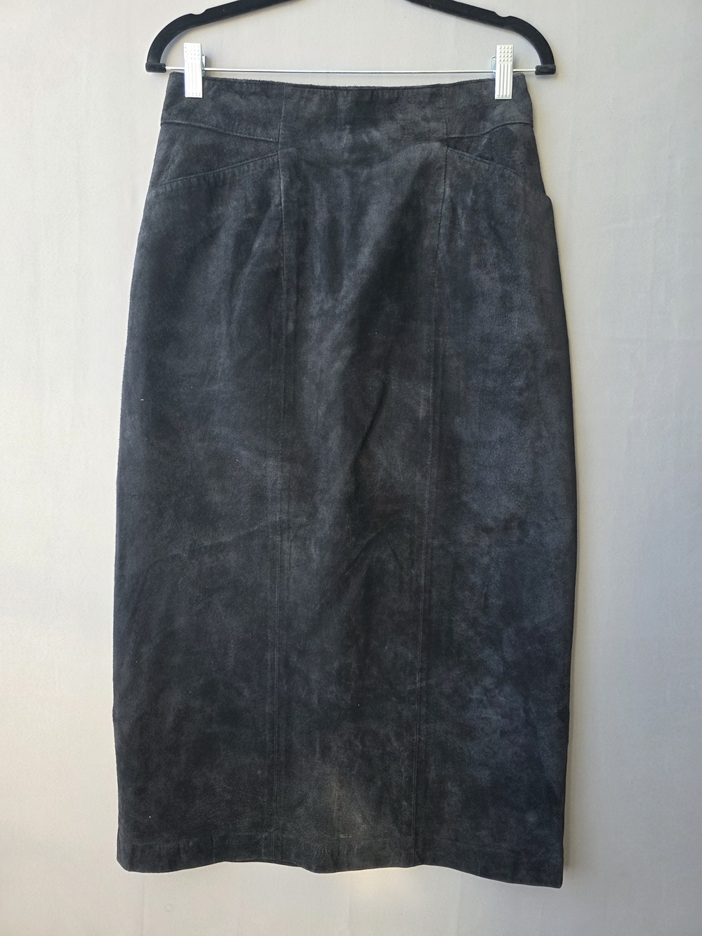 Vintage Lord & Taylor Black Suede Pencil Skirt Size 10 High Waisted Midi Split